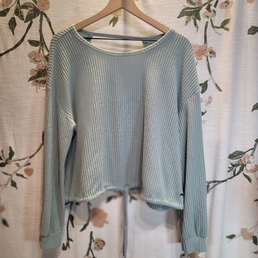 Hollister Women's Light Bluish-green Waffle Knit Long Sleeve Shirt Size M